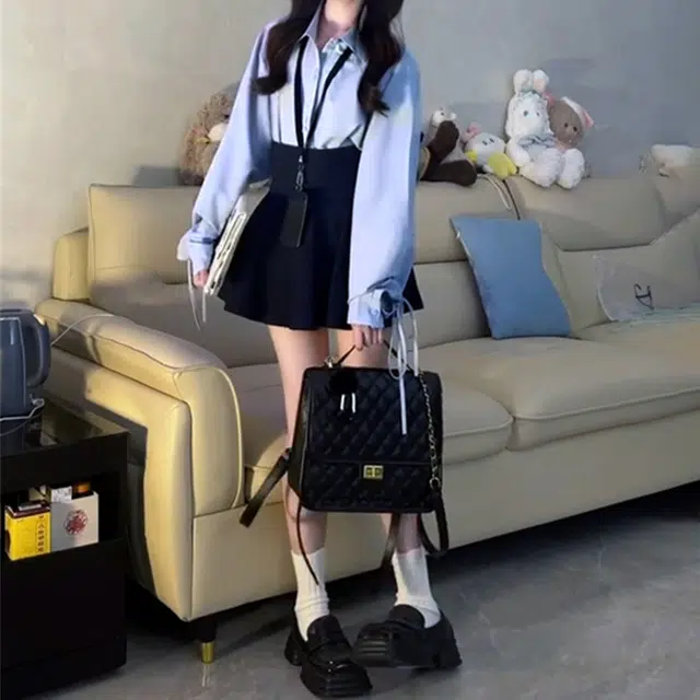 花蔓色 韩系学院风宽松温柔甜美衬衫休闲简约高腰百褶裙子裙装套装 女款