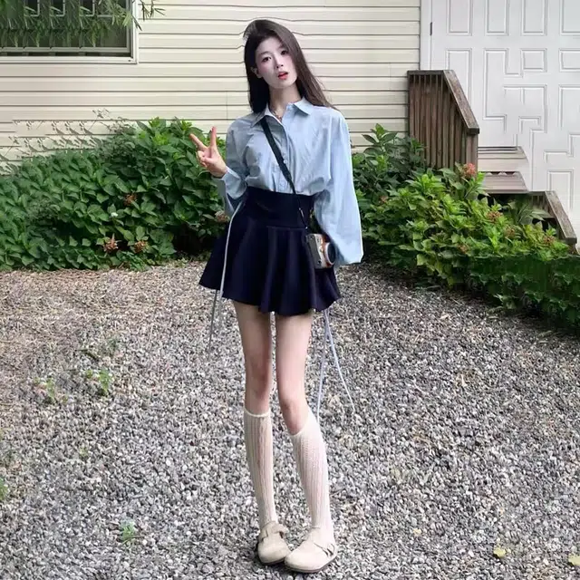 花蔓色 韩系学院风宽松温柔甜美衬衫休闲简约高腰百褶裙子裙装套装 女款