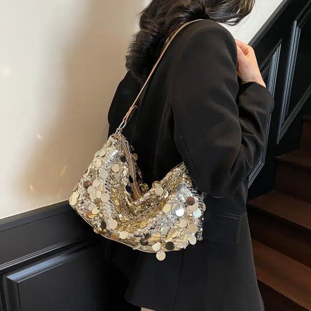 捷朗仕 小众亮片设计感时尚百搭 涤纶 单肩包 大号 女款 银色/黑色/金色