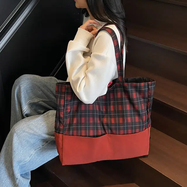 捷朗仕 拼接轻便日系复古格纹托特包秋冬通勤 布 单肩包 女款 红色/蓝色