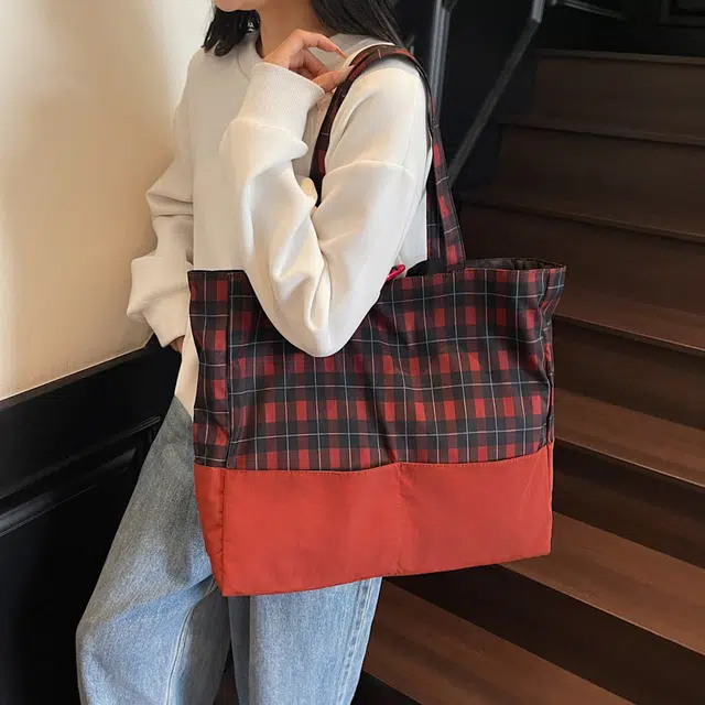 捷朗仕 拼接轻便日系复古格纹托特包秋冬通勤 布 单肩包 女款 红色/蓝色