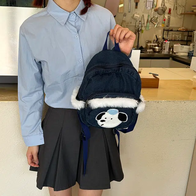 捷朗仕 小众迷你牛仔书包出街狗狗小背包毛毛亚文化 帆布 双肩包 常规 男女同款情侣款 牛仔蓝