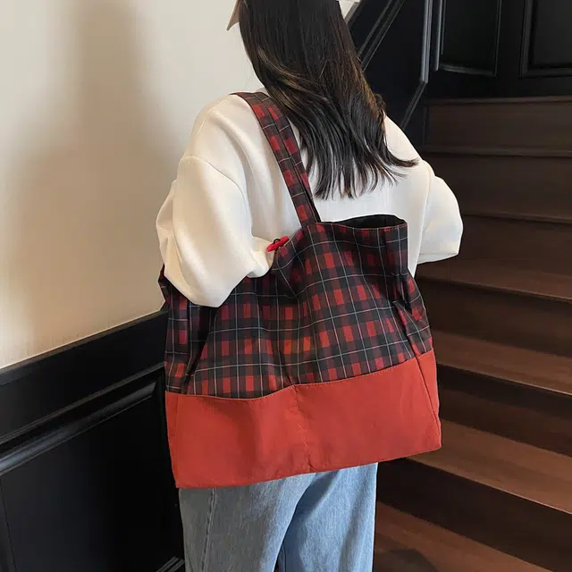 捷朗仕 拼接轻便日系复古格纹托特包秋冬通勤 布 单肩包 女款 红色/蓝色