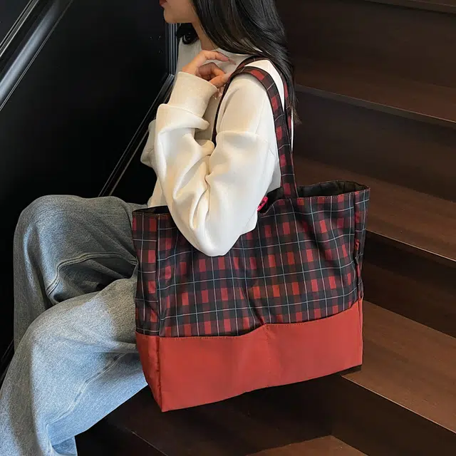 捷朗仕 拼接轻便日系复古格纹托特包秋冬通勤 布 单肩包 女款 红色/蓝色