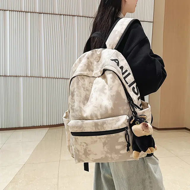 捷朗仕 高级质感涂鸦潮流简约通勤大学生休闲上学高中大学生背包 尼龙 双肩包 男女同款情侣款 米白色/黑色/绿色/红色