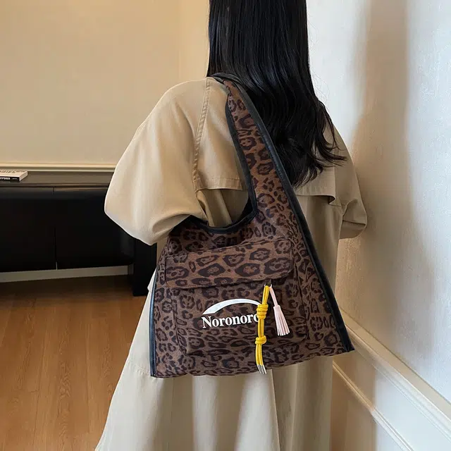 捷朗仕 秋冬季流行豹纹通勤百搭休闲托特包 麂皮 单肩包 女款 棕色/酒红色/绿色/黄棕色