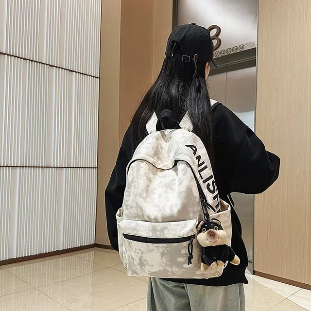 捷朗仕 高级质感涂鸦潮流简约通勤大学生休闲上学高中大学生背包 尼龙 双肩包 男女同款情侣款 米白色/黑色/绿色/红色