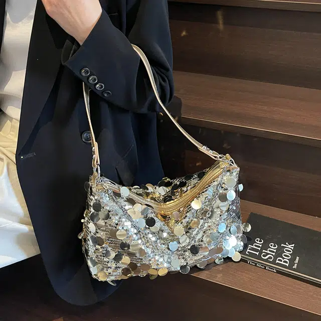 捷朗仕 小众亮片设计感时尚百搭 涤纶 单肩包 大号 女款 银色/黑色/金色