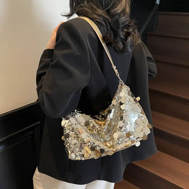 捷朗仕 小众亮片设计感时尚百搭 涤纶 单肩包 大号 女款 银色/黑色/金色