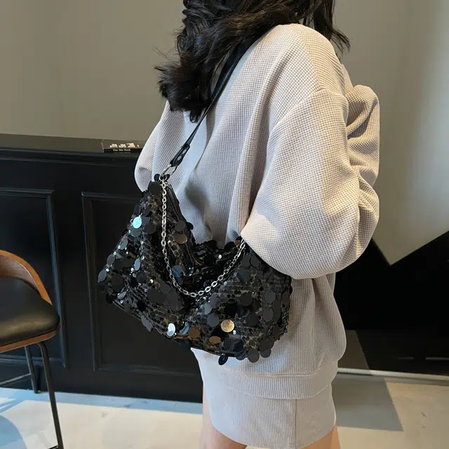 捷朗仕 小众亮片设计感时尚百搭 涤纶 单肩包 大号 女款 银色/黑色/金色