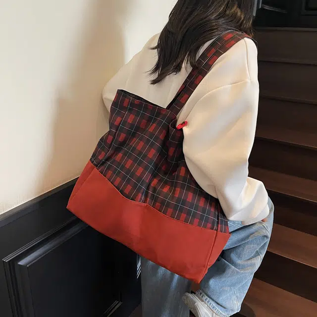 捷朗仕 拼接轻便日系复古格纹托特包秋冬通勤 布 单肩包 女款 红色/蓝色