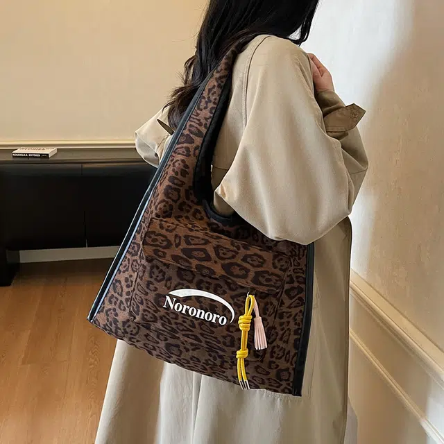 捷朗仕 秋冬季流行豹纹通勤百搭休闲托特包 麂皮 单肩包 女款 棕色/酒红色/绿色/黄棕色