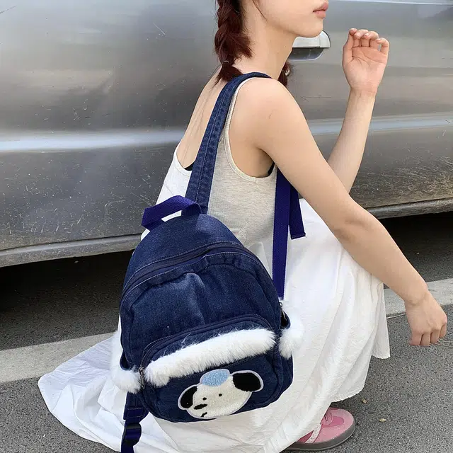 捷朗仕 小众迷你牛仔书包出街狗狗小背包毛毛亚文化 帆布 双肩包 常规 男女同款情侣款 牛仔蓝