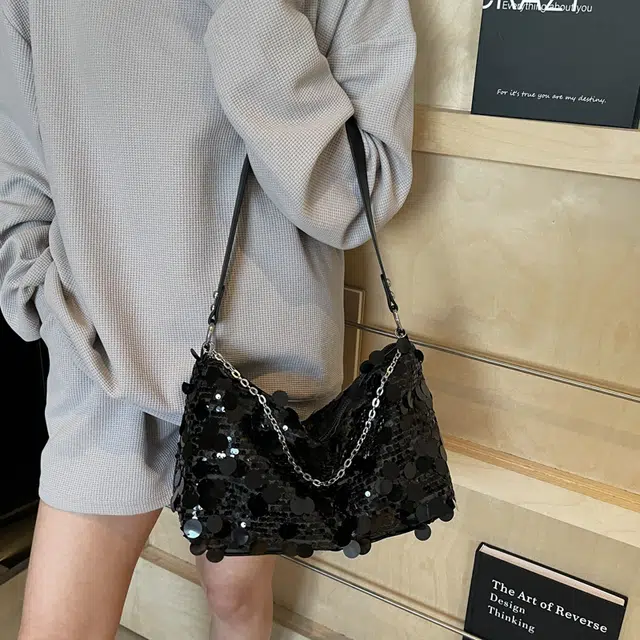 捷朗仕 小众亮片设计感时尚百搭 涤纶 单肩包 大号 女款 银色/黑色/金色