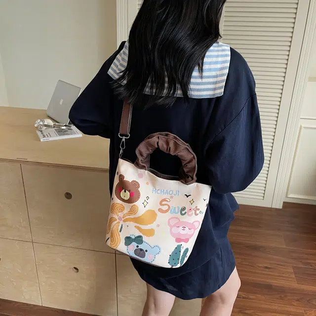 捷朗仕 卡通可爱小熊简约印花小众设计百搭通勤 布 单肩斜挎手提包 女款 多色