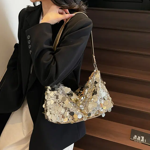 捷朗仕 小众亮片设计感时尚百搭 涤纶 单肩包 大号 女款 银色/黑色/金色