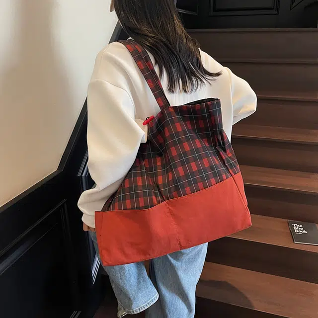 捷朗仕 拼接轻便日系复古格纹托特包秋冬通勤 布 单肩包 女款 红色/蓝色