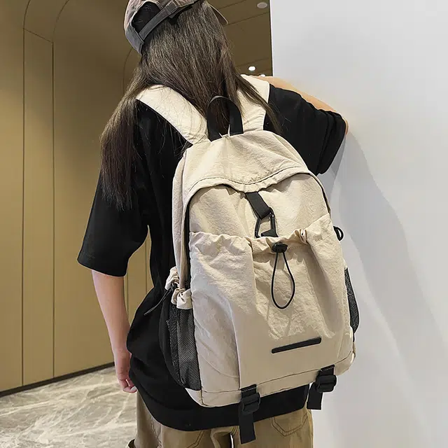 捷朗仕 时尚纯色简约百搭抽绳轻便 尼龙 双肩包 男女同款情侣款 米白色/黑色/焦糖色/酒红色/军绿色