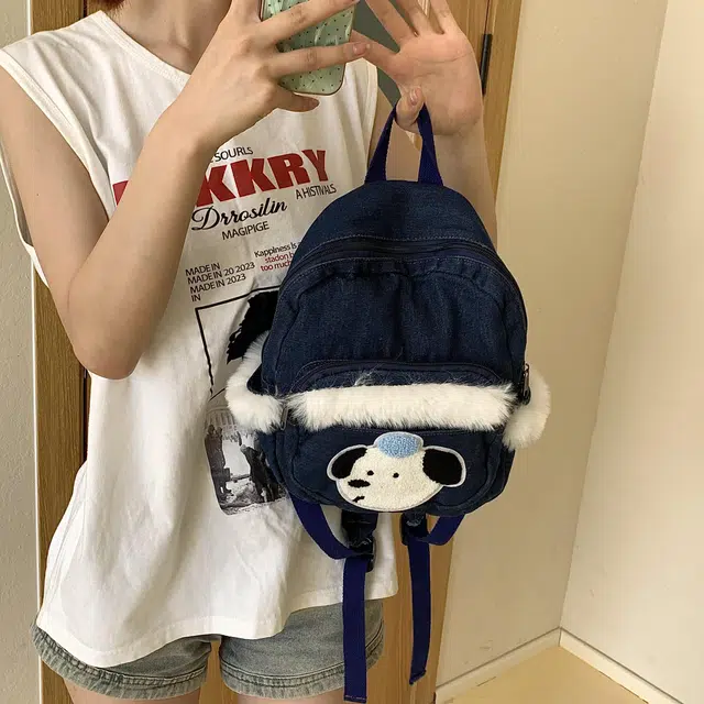 捷朗仕 小众迷你牛仔书包出街狗狗小背包毛毛亚文化 帆布 双肩包 常规 男女同款情侣款 牛仔蓝