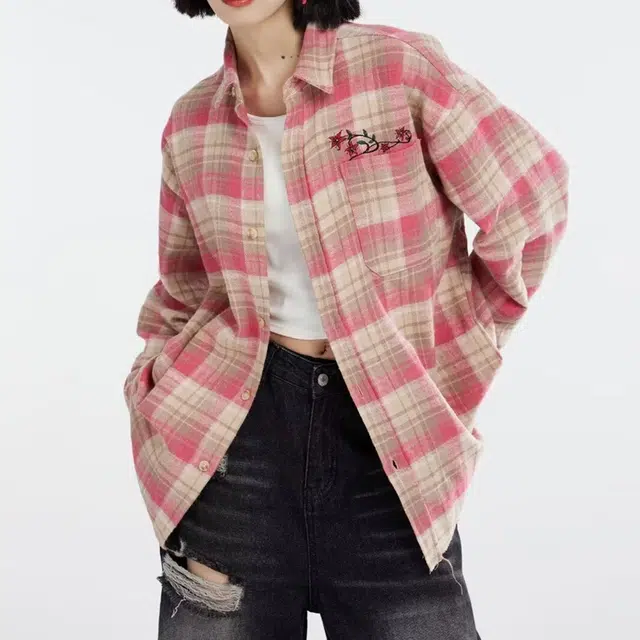 花蔓色 美式复古嘻哈风格子刺绣宽松长袖潮牌衬衣衬衫 女款