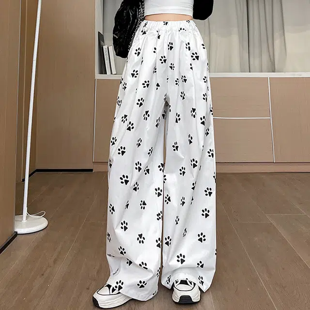 花蔓色 狗爪满印宽松高腰运动直阔腿中裤休闲短裤 女款