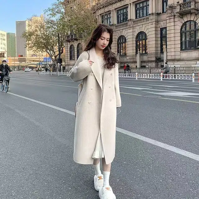 桴生 韩版宽松加厚中长款系带过膝显瘦直筒毛呢西服外套女大衣 女款