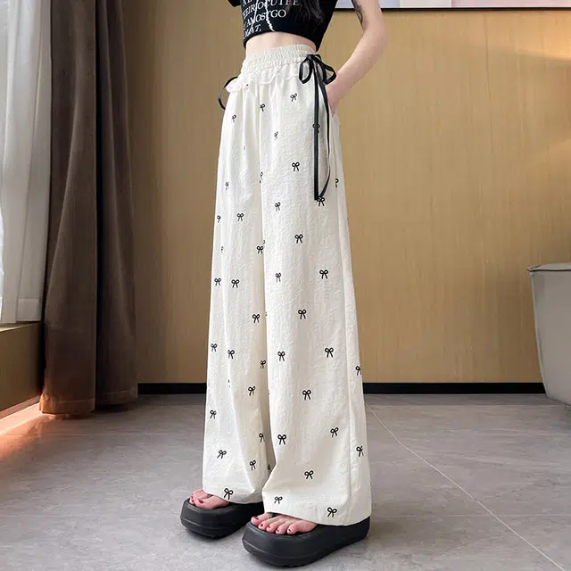 依钗 甜辣风蝴蝶结满印高腰宽松直筒蕾丝边拼接时尚百搭舒适裤装休闲裤 女款