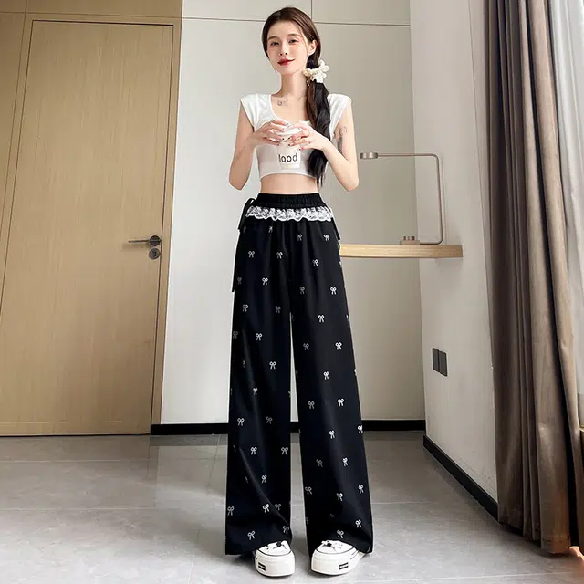 依钗 甜辣风蝴蝶结满印高腰宽松直筒蕾丝边拼接时尚百搭舒适裤装休闲裤 女款