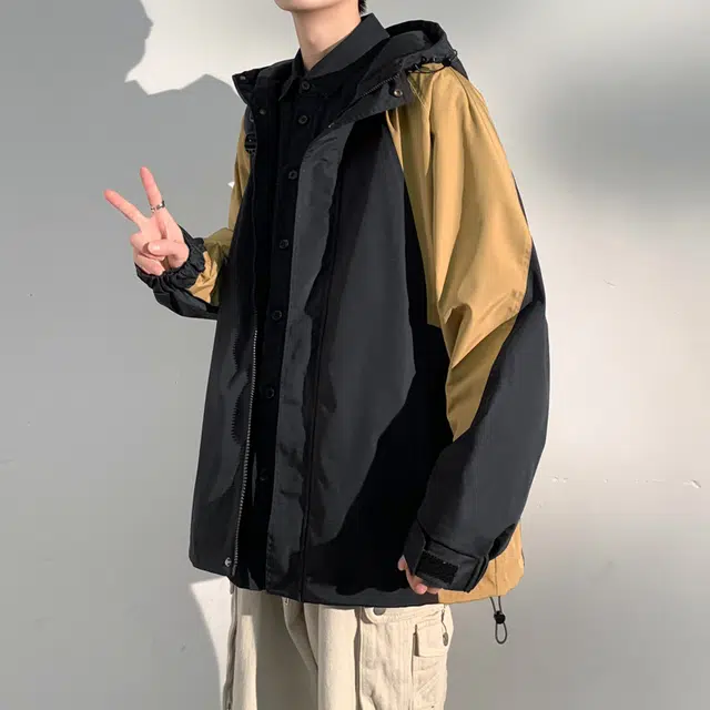 巴塞罗那足球俱乐部 美式高街拼接撞色宽松休闲连帽山系机能户外运动夹克外套 男女同款 蓝插白