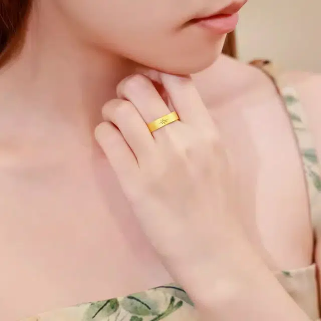 华熹福珠宝 古法设计简约百搭六芒星可调节指环 足金 一口价 戒指 女款