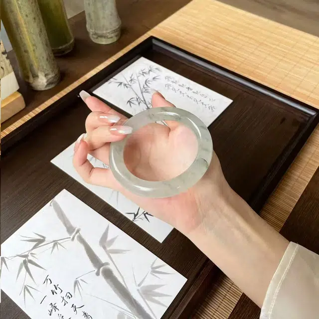 华熹福珠宝 青山黛翠玉美人镯平安新中式古风国潮清冷优雅高级感气质温婉旗袍汉服 天山翠 手镯 女款