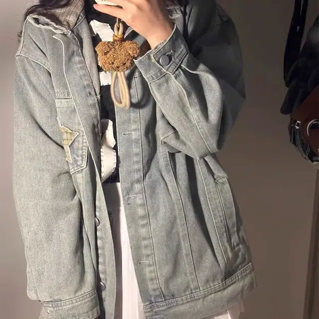 早秋新款宽松显瘦设计感夹克上衣 美式复古星星格子拼接牛仔外套女