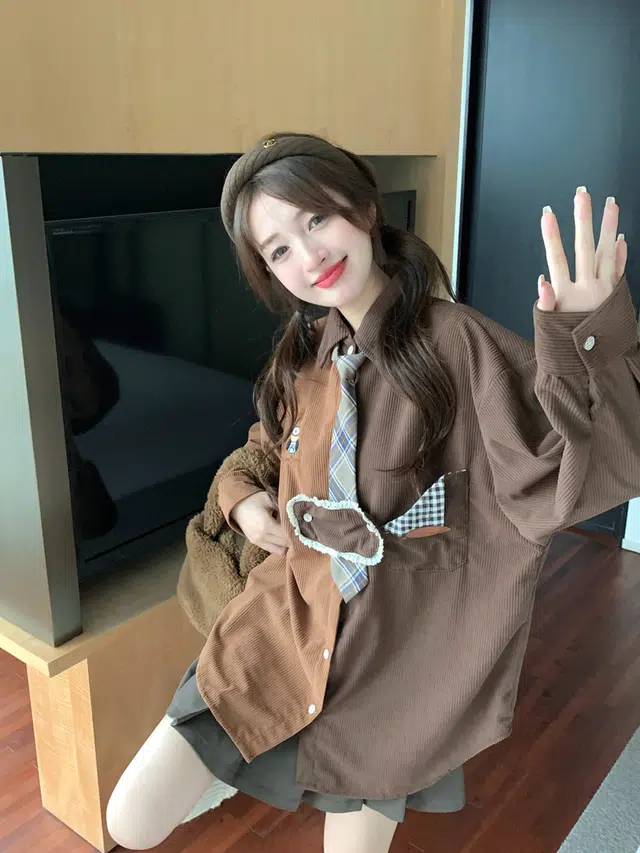 米囹 休闲衬衫 日系古着刺绣格子拼接撞色灯芯绒秋冬款宽松