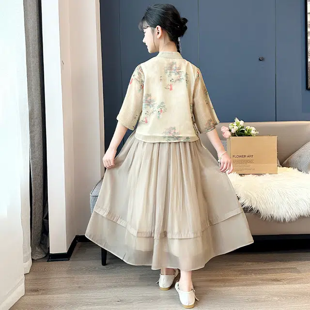 米囹夏季汉服女童套装夏装 女大童新中式国风连衣裙气质长裙子