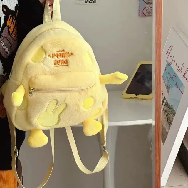 米囹 学生校园双肩包 少女通勤毛绒绒奶酪小书包 可爱旅行小背包 小号 无配色