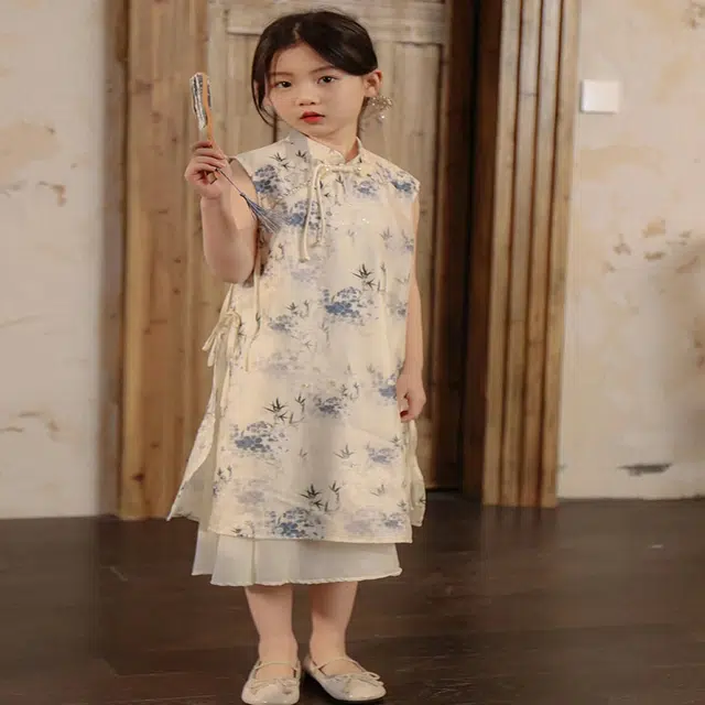 米囹女童中式旗袍连衣裙 夏季儿童夏装女孩国风水墨画汉服裙子 儿童款