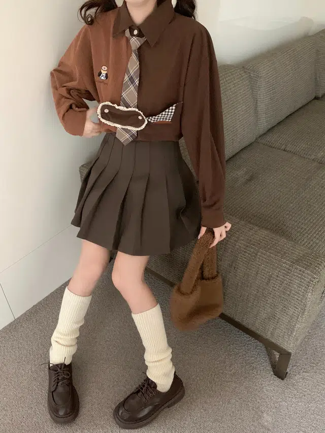 米囹 休闲衬衫 日系古着刺绣格子拼接撞色灯芯绒秋冬款宽松