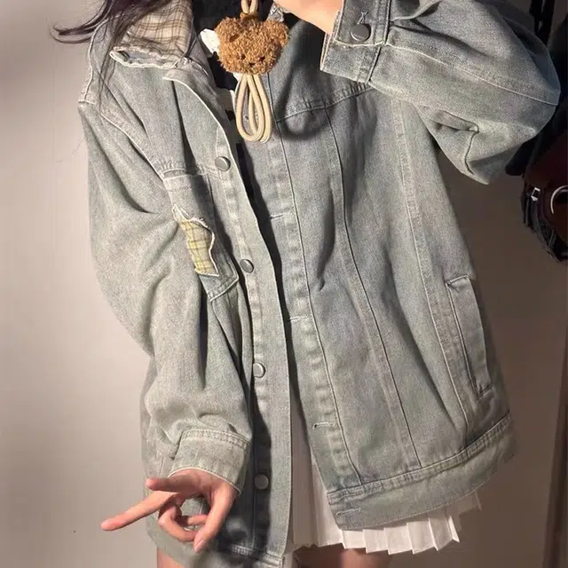 早秋新款宽松显瘦设计感夹克上衣 美式复古星星格子拼接牛仔外套女