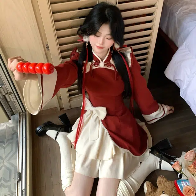 米囹 少女蝴蝶结木耳边新中式 旗袍连衣裙女秋季