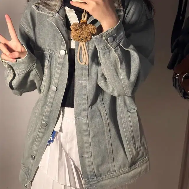 早秋新款宽松显瘦设计感夹克上衣 美式复古星星格子拼接牛仔外套女