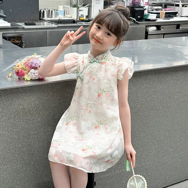 米囹女童连衣裙夏季儿童 国风汉服裙女大童旗袍裙夏装