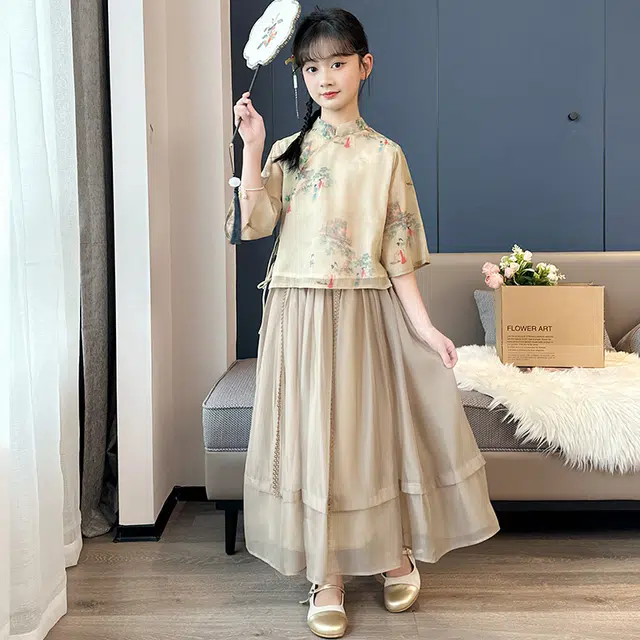 米囹夏季汉服女童套装夏装 女大童新中式国风连衣裙气质长裙子