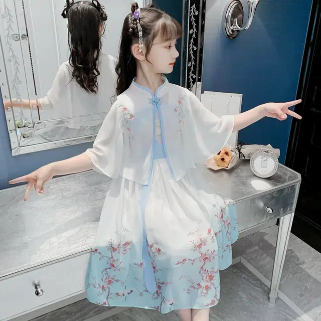 米囹汉服女童连衣裙夏装 儿童夏季古风超仙古装中国风披肩裙子