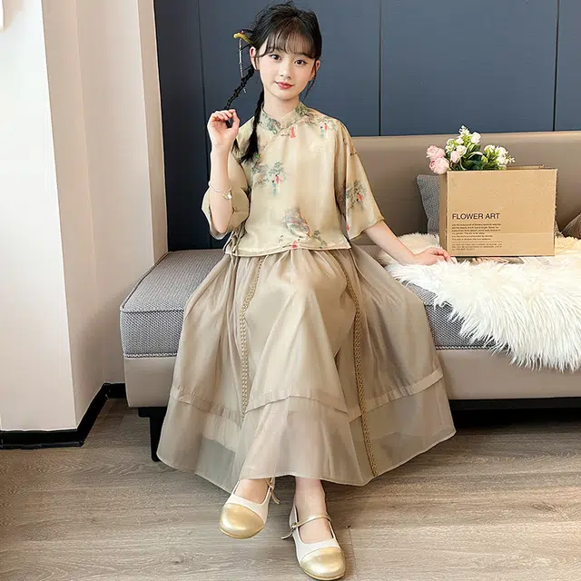 米囹夏季汉服女童套装夏装 女大童新中式国风连衣裙气质长裙子