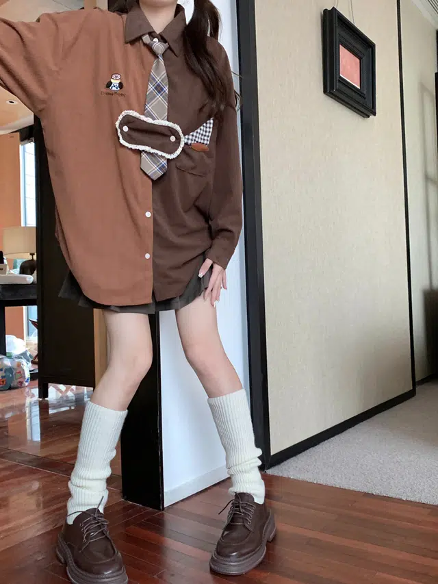 米囹 休闲衬衫 日系古着刺绣格子拼接撞色灯芯绒秋冬款宽松