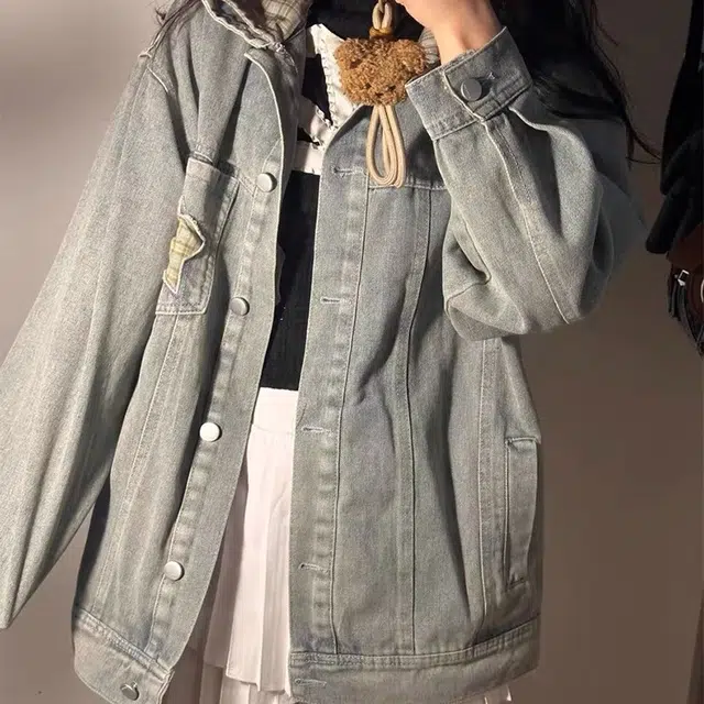早秋新款宽松显瘦设计感夹克上衣 美式复古星星格子拼接牛仔外套女