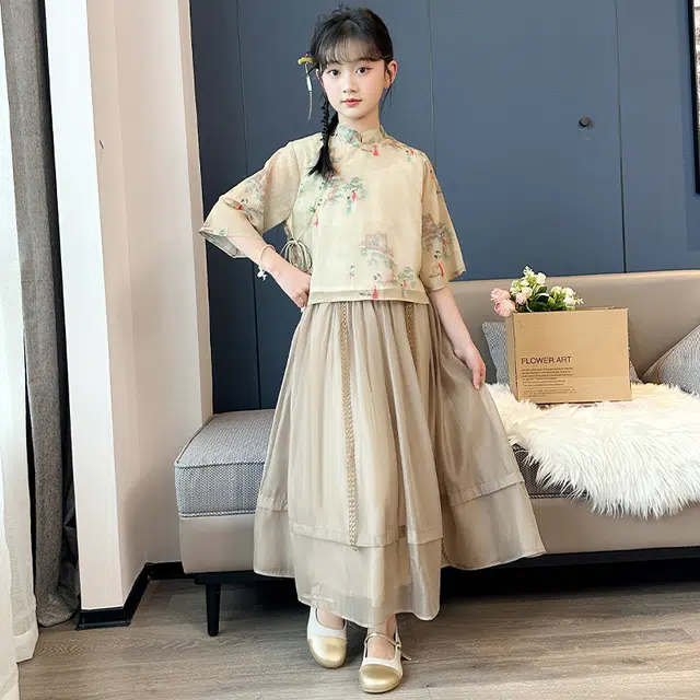 米囹夏季汉服女童套装夏装 女大童新中式国风连衣裙气质长裙子