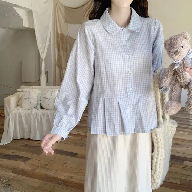 米囹休闲衬衫 韩系娃娃领宽松别致长袖格子常规甜美风 儿童款
