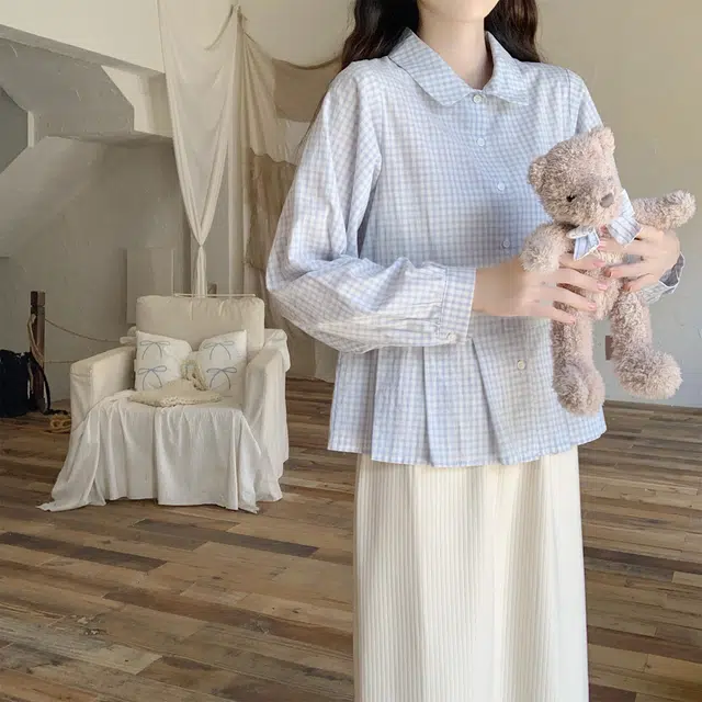 米囹休闲衬衫 韩系娃娃领宽松别致长袖格子常规甜美风 儿童款