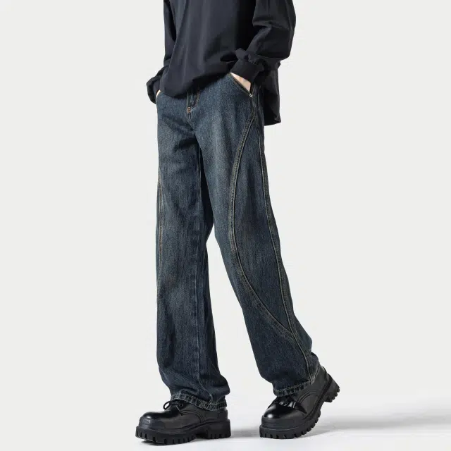 寻星记 美式复古高街水洗做旧宽松休闲直筒阔腿百搭舒适长裤牛仔裤 男女同款